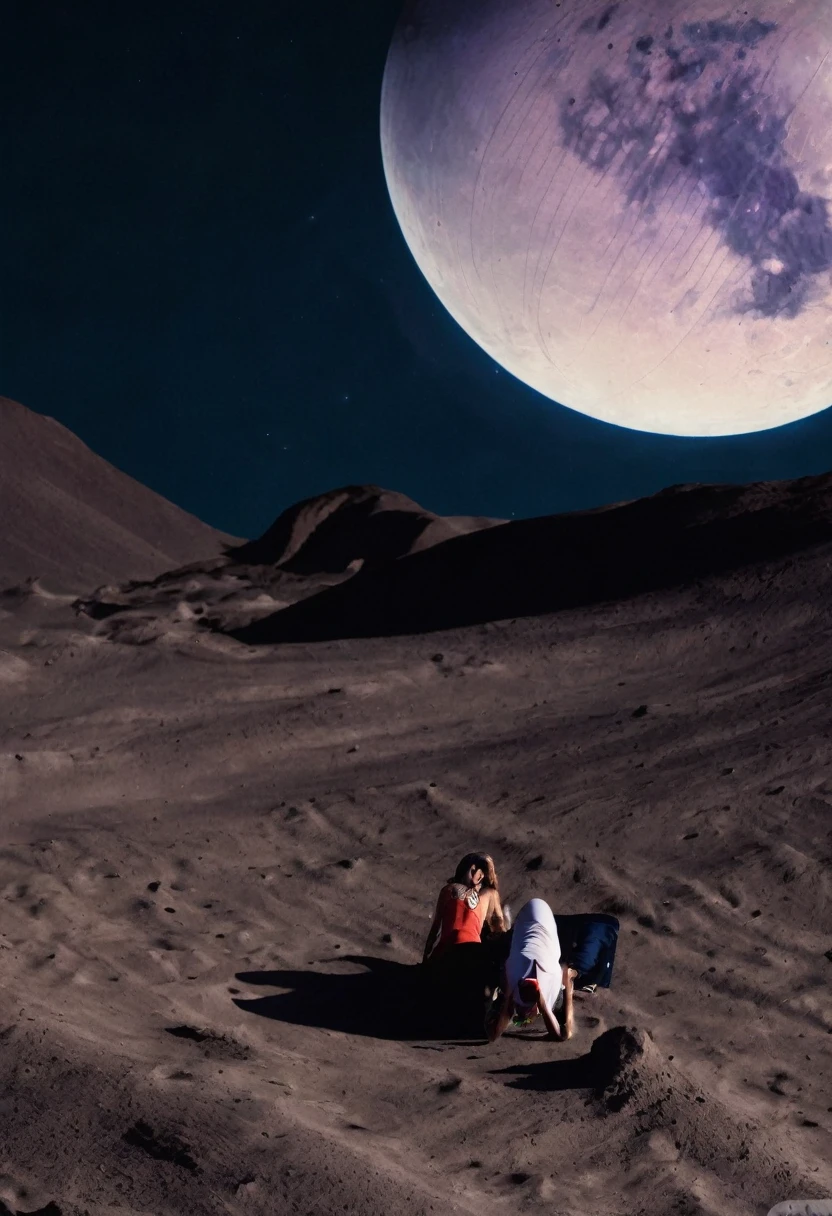 1 couple are having explicit sexual relations in outer space (crater of the moon fornicating) in the background you can see the earth in its maximum splendor