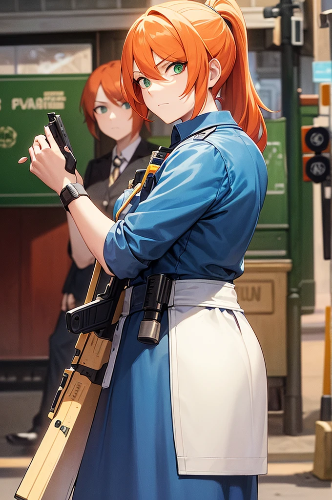 masterpiece, 1 mature woman, long orange hair, hair in ponytail, Looking at camera, green eyes, frowning, blue police uniform, outside background, traffic stop, blue cop outfit, gun on side, ink drawing