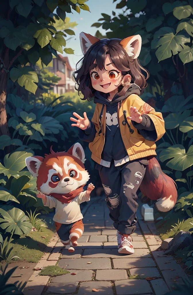 theRe aRe two Red Pandas walking down the sidewalk togetheR, wave hands at the cameRa, Red Panda, They are fighting very angry, by Shiba Kōkan, Adorable!!!, Adorable appeaRance!!!, Incredibly cute, painfully Adorable, wave hands and smiling, R/ah, Tian Zhi, wave hands, Playing with foxes, author：Shi Rui, cuteness, Very expressive