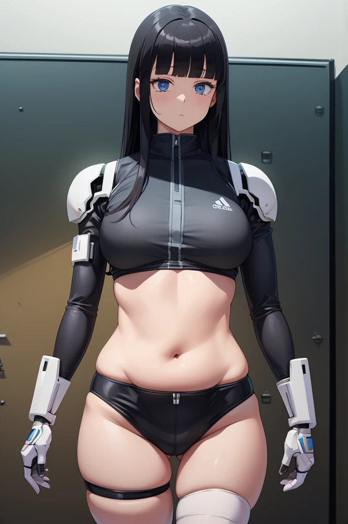 masterpiece, best quality, extremely detailed, Japaese android girl,Plump , control panels,android,Droid,Mechanical Hand, Robot arms,black hair,Blunt bangs,mechanical body, She is powered by electricity,white robot body,perfect mechanical body,black sponge joints,The removable cover is on the groin,The connection port is on the groin,access panel on the chest,sports wear,short pants,long gloves,dark black tights,She has repaired now,blue eyes