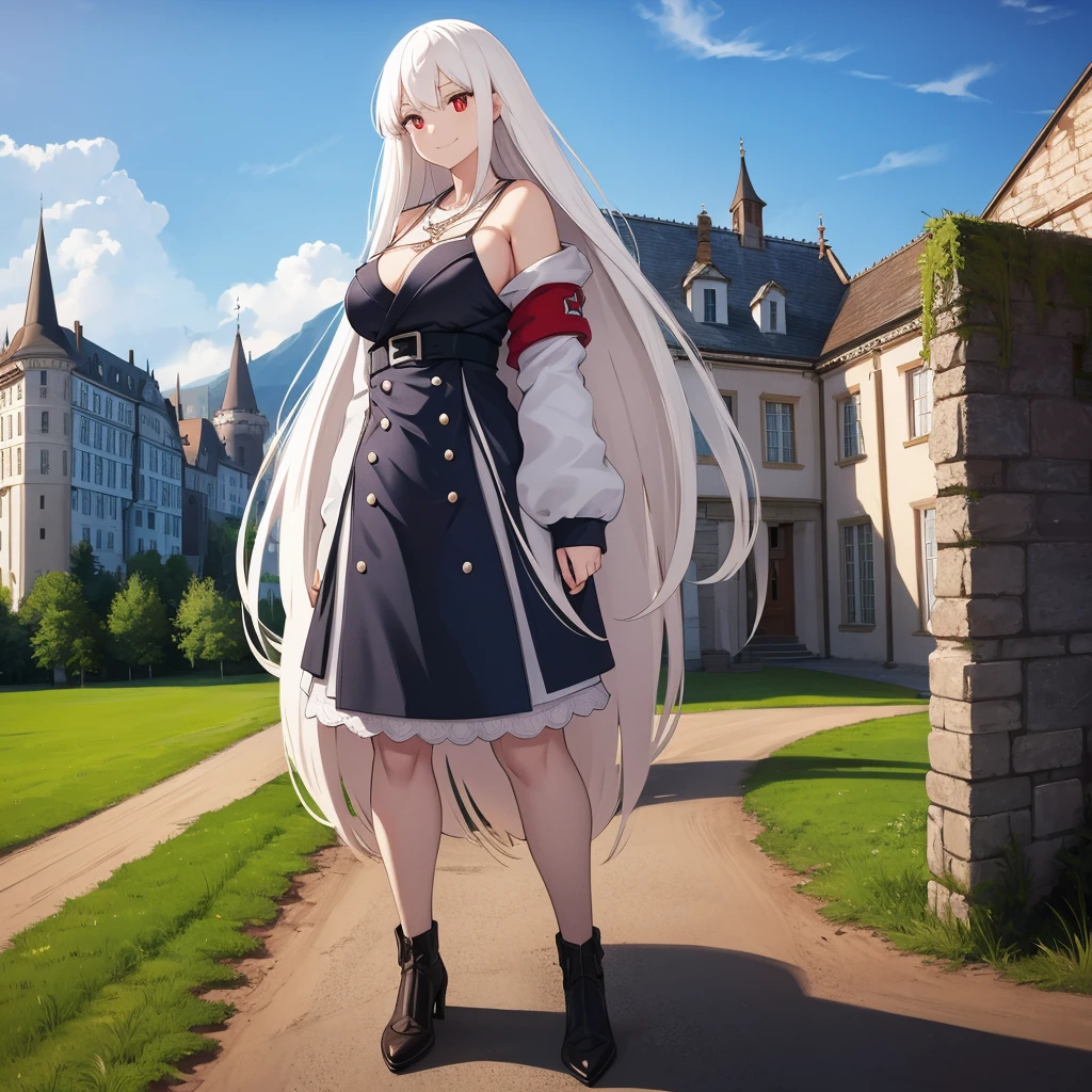 A woman wearing a white dress, shoulders exposed, iron ass on the dress, iron cross necklace white hair, long hair, red eyes, big breasts, smiling, standing upright, perfect face, perfect eyes, standing on a dirt floor with grass with some rocks, German castle in the background, daytime location,.HDR, ultra resolution, well defined, masterpiece, 8K HD. (solo woman)
