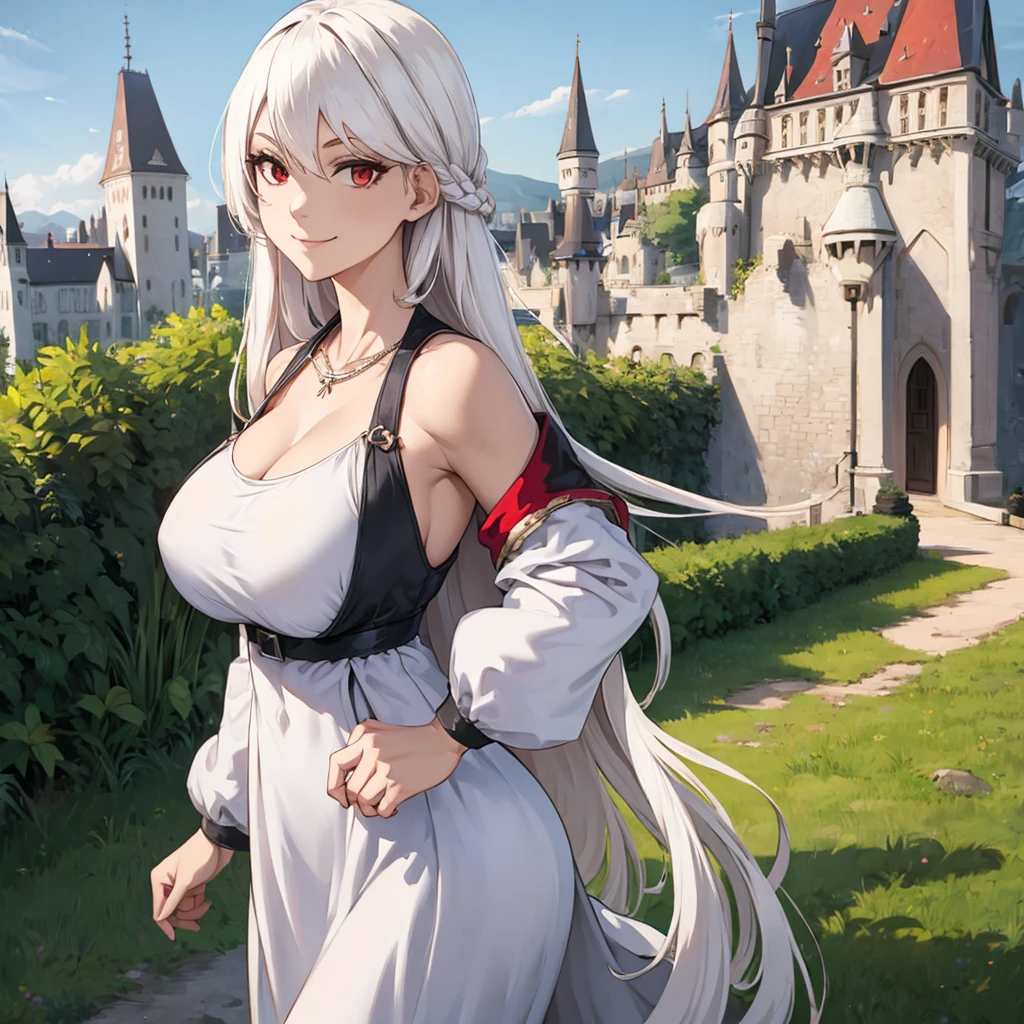 A woman wearing a white dress, shoulders exposed, iron on the dress, iron cross necklace white hair, long hair, red eyes, bigmiling, standing upright, perfect face, perfect eyes, standing on a dirt floor with grass with some rocks, German castle in the background, daytime location,.HDR, ultra resolution, well defined, masterpiece, 8K HD. (solo woman)