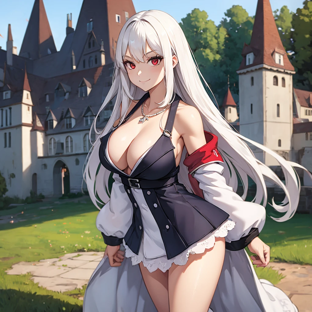 A woman wearing a white dress, shoulders exposed, iron ass on the dress, iron cross necklace white hair, long hair, red eyes, big breasts, smiling, standing upright, perfect face, perfect eyes, standing on a dirt floor with grass with some rocks, German castle in the background, daytime location,.HDR, ultra resolution, well defined, masterpiece, 8K HD. (solo woman)