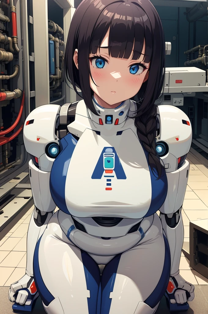masterpiece, best quality, extremely detailed, Japanese android girl,Plump ,control panels,robot arms,robot,android,cyborg,white robot body,ceramic body,perfect robotgirl,blunt bangs,robot repair plant,chubby,pantyhose,platform sneaker,blue eyes,