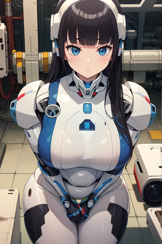 masterpiece, best quality, extremely detailed, Japanese android girl,Plump ,control panels,robot arms,robot,android,cyborg,white robot body,ceramic body,perfect robotgirl,blunt bangs,robot repair plant,chubby,pantyhose,platform sneaker,blue eyes,