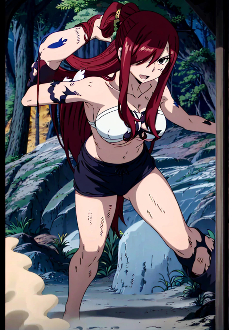 masterpiece, anime style, beach, best quality, highres, fairy tail, 1girl, long hair, ponytail, reddish hair, (bang cover one eye, one hidden eye, brown eye), large breasts, collarbone, midriff, black bikini, standing, outdoors, smile, open mouth, emo hair, thick arms, broad shoulders, mature woman, (tall),