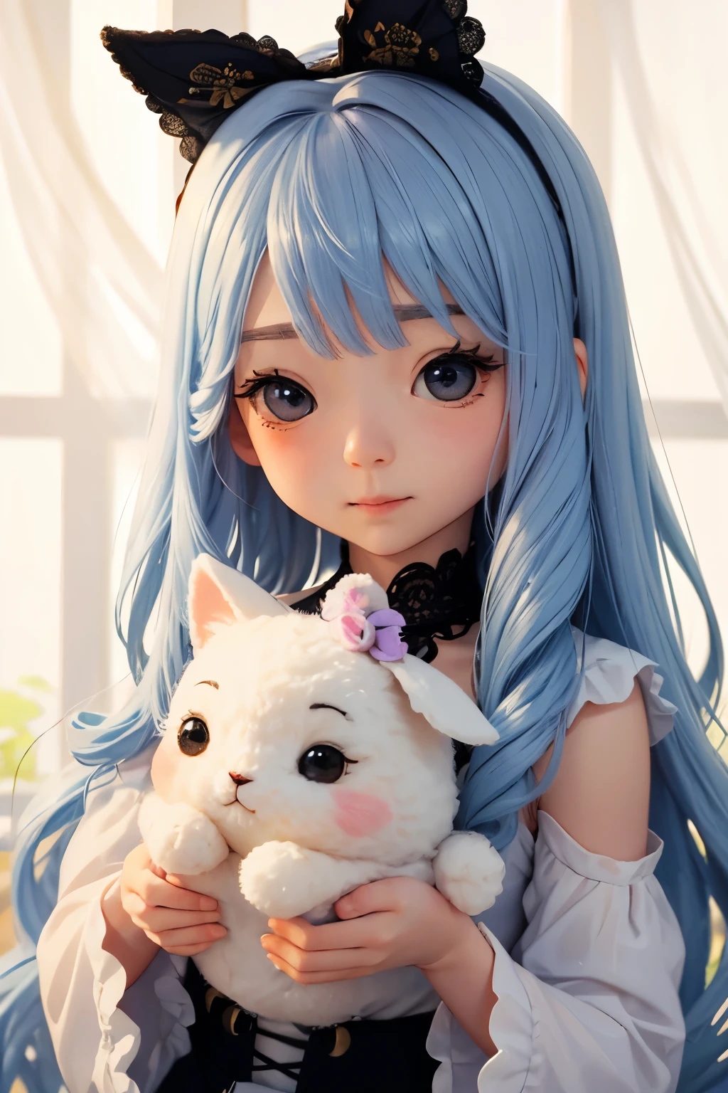 Chibi girl doll and cute rabbit、A dream collaboration、Vibrant and colorful girl、high quality、detailed、Photorealistic、masterpiece、Studio Lighting、8K、Hyperrealistic、非常にdetailed、complicated、Sharp Focus、Real、非常にdetailed、美しいdetailedな目、美しいdetailedな唇、非常にdetailedな目と顔、Long eyelashes、Elegant pose、Serene atmosphere、Fantasy、Magic、Whimsical、Soft pastel colors、Warm lighting、delicate、Ethereal、Imaginative