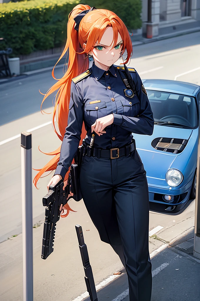 masterpiece, 1 mature woman, long orange hair, hair in ponytail, Looking at camera, green eyes, frowning, blue police uniform, outside background, traffic stop, blue cop outfit, pants, gun on side, ink drawing