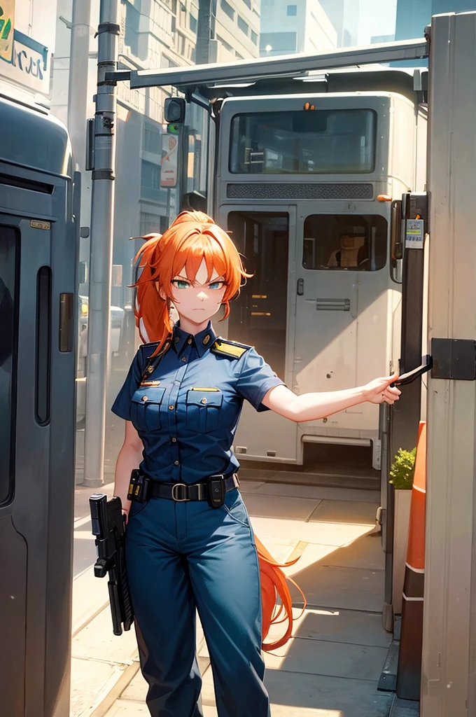 masterpiece, 1 mature woman, long orange hair, hair in ponytail, Looking at camera, green eyes, frowning, blue police uniform, outside background, traffic stop, blue cop outfit, pants, gun on side, ink drawing