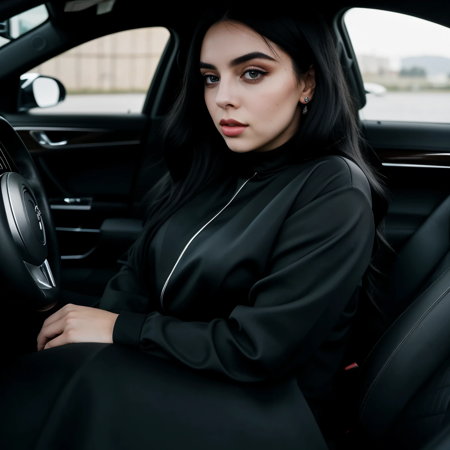 professional photo of a 27 year old rich woman, driving luxury car, with a face similar to Billie Eilish with black eyes, dark shaped eyes, makeup on black eyelids, and black eyeliner, with long black hair and striking look, in luxurious sexy black dress.