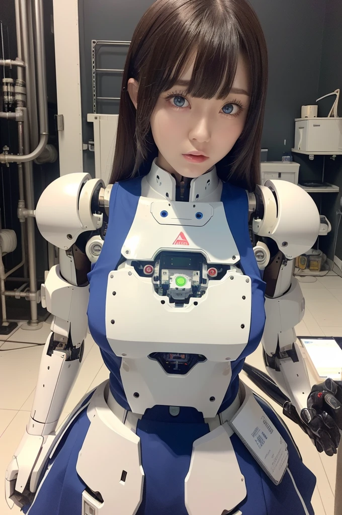 masterpiece, best quality, extremely detailed, Japanese android girl,Plump ,control panels,robot arms,robot,android,cyborg,white robot body,ceramic body,perfect robotgirl,blunt bangs,robot repair plant,chubby,pantyhose,platform sneaker,blue eyes,