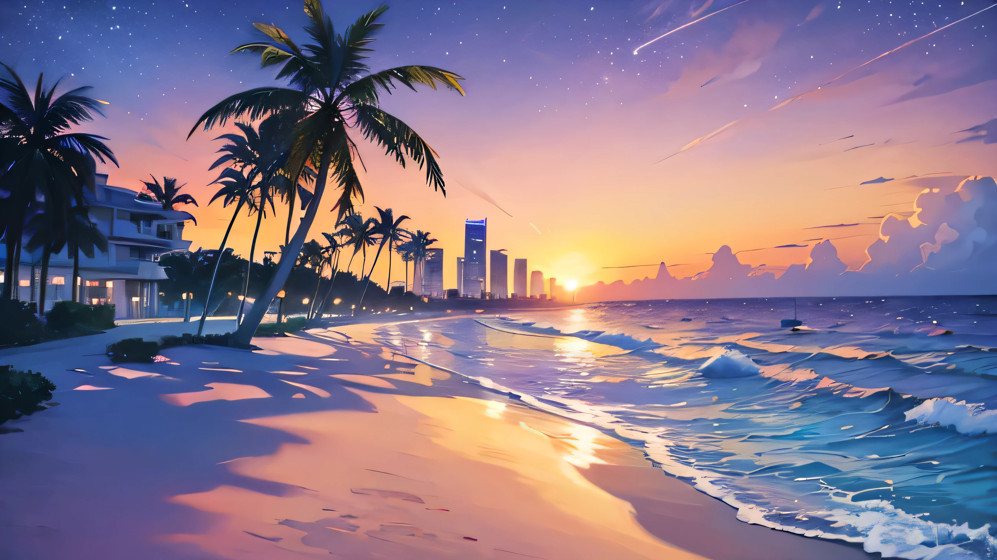 Beach landscape sunset and yellow sun, Purple, Palm tree, Stars and buildings, Purple云, Miami Retro, Nostalgia, Big cities
