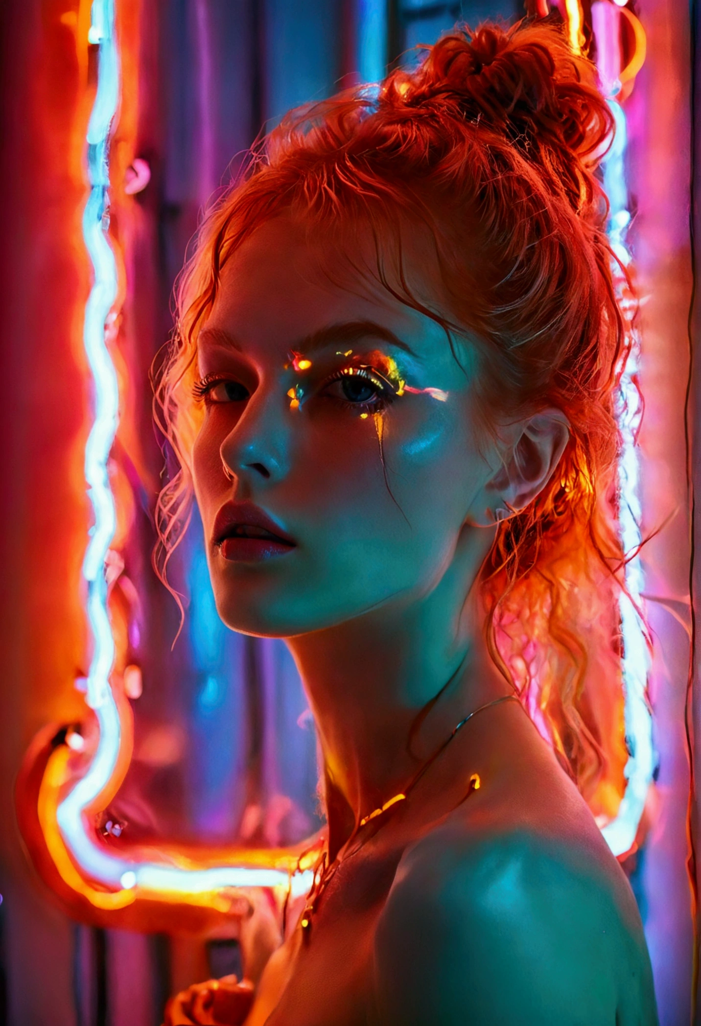fashion portrait color photograph, woman, neon lights, ginger, big , , , 