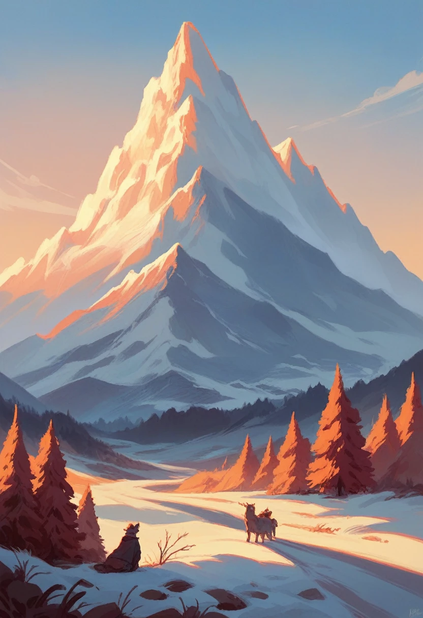 create a landscape of snow-capped mountains at sunset with orange tones
