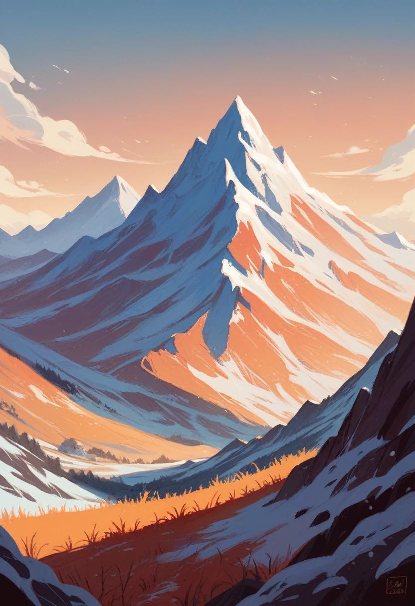 create a landscape of snow-capped mountains at sunset with orange tones