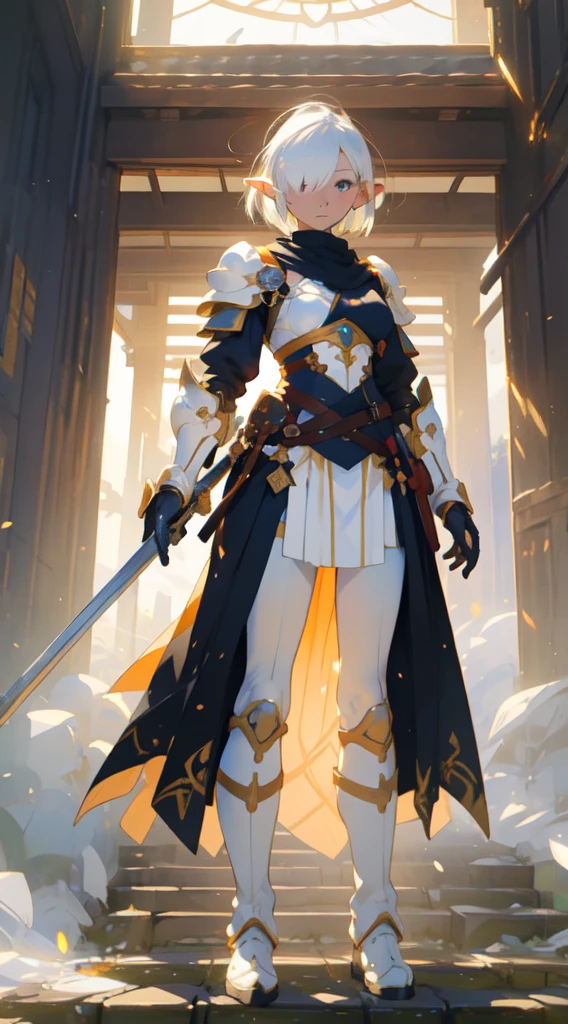 (((masterpiece, best quality))), (elf), (1girl), solo, Bob cut hair, parted bangs, (hair over one eye), white hair,(beautiful detailed face:1.2), ((white light armor)),big breast, long black glovelack pantyhoses,Handsome standing with white boots, art style by Artgerm, by Kawacy, By Yusuke Murata