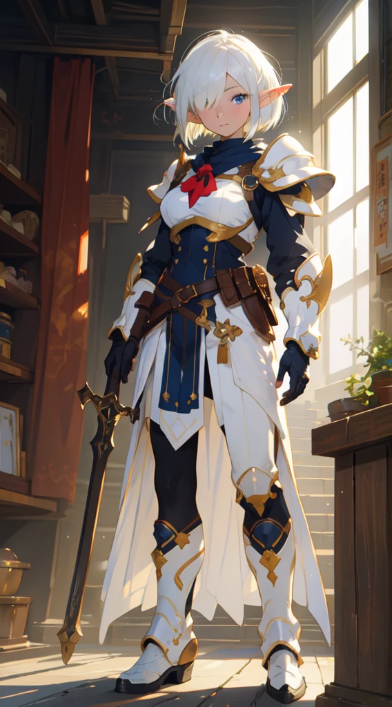 (((masterpiece, best quality))), (elf), (1girl), solo, Bob cut hair, parted bangs, (hair over one eye), white hair,(beautiful detailed face:1.2), ((white light armor)),big breast, long black glovelack pantyhoses,Handsome standing with white boots, art style by Artgerm, by Kawacy, By Yusuke Murata