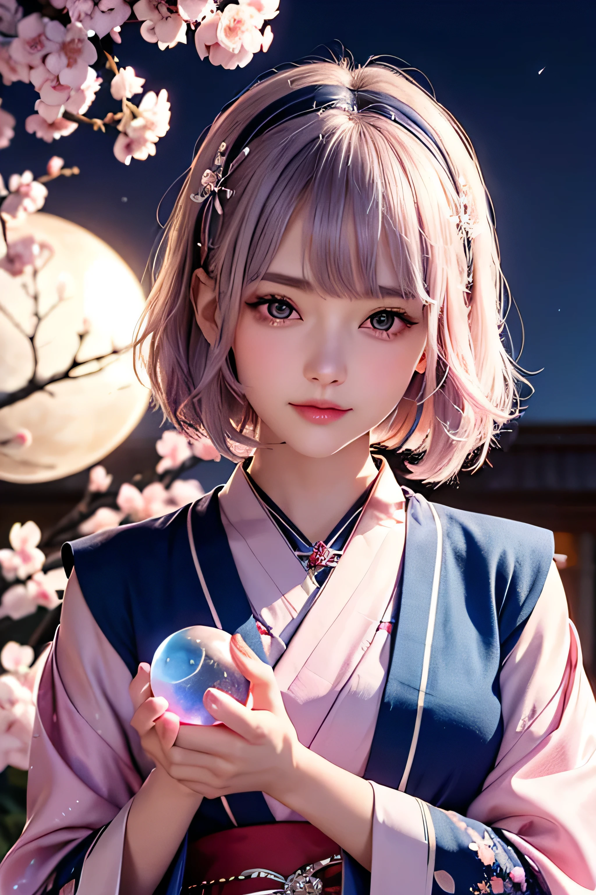 (Holding a glowing blue crystal ball in each hand)),positive,Front configuration,Upper Body,((Observe the audience)),gorgeous red and black kimono,Cherry Blossom Hair Accessories,length, Short Hair, Silver Hair,Cherry Blossom Hair Accessories,Beautiful and delicate face,blush,Cherry pink eyes,Big eyes,Extremely fine resolution,Highest quality,(Pink Moon),mysterious,Cherry Blossoms at Night