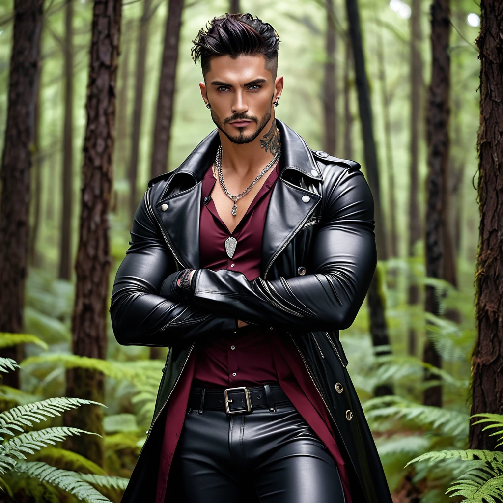 A Handsome Man, with Broad-shouldered, rugged muscular build, Unkempt Jet Black hair, lightly tanned skin tone, and Onyx black eyes. He have tattoos all over his body, and silver chain necklace adorned his neck. He is clad in black leather trench coat over half-buttoned burgundy red dress shirt, black fingerless gloves, black trousers, and black leather boots. He have gold bands on his upper arms, and wrists. With a cool smirk, he is standing in an alien-like forest, crossing his arms around his chest.