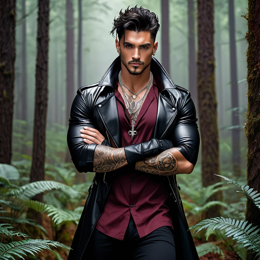 A Handsome Man, with Broad-shouldered, rugged muscular build, Unkempt Jet Black hair, lightly tanned skin tone, and Onyx black eyes. He have tattoos all over his body, and silver chain necklace adorned his neck. He is clad in black leather trench coat over half-buttoned burgundy red dress shirt, black fingerless gloves, black trousers, and black leather boots. He have gold bands on his upper arms, and wrists. With a cool smirk, he is standing in an alien-like forest, crossing his arms around his chest.