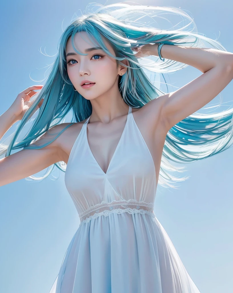 Highest quality, 32k, ((Ultra-high resolution:1.8)), Masterpiece, marimo_jet, god々A photograph with brilliant dazzling and healing power., Evoking a sense of calm and elusive beauty, Expressing emotions, Have a rich imagination, Beautiful Japanese Girls, ((Low angle view:1.2)), An exceptionally beautiful face, Small Face Beauty, Perfect Human Anatomy, Magical big eyes, Motherhood and generosity, Deep Love, fleeting smile, ((Shiny light blue hair:1.3)), ((Beautiful long hair swaying in the wind)), Asymmetrical bangs, Hair between the eyes, Transparent, soft white skin, Sharp eyebrows, Thin lashes, Natural Makeup, Cheek highlighter, Pale pink detailed lips, (White dress:1.4), Perfect clavicle in high definition, High resolution beautiful chest, Slim figure with ample breasts, Beautiful thighs in high resolution, ((Detailed blue sky background:1.3)), Professional photographer, Professional Lighting, Professional models, god秘的