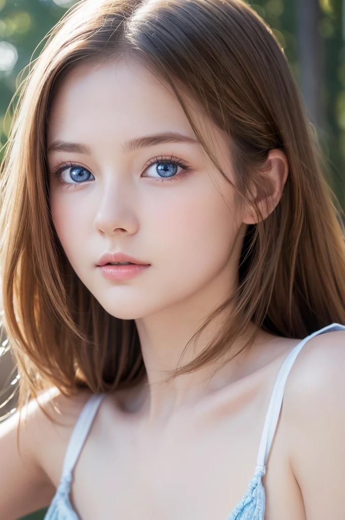 bright look、photorealism、highest quality、Super high resolution、The most beautiful Nordic girls photos、cute and beautiful face details、small face、、big breasts、Slender、、Crystal clear white skin、big light blue eyes、short bob、cowboy shot