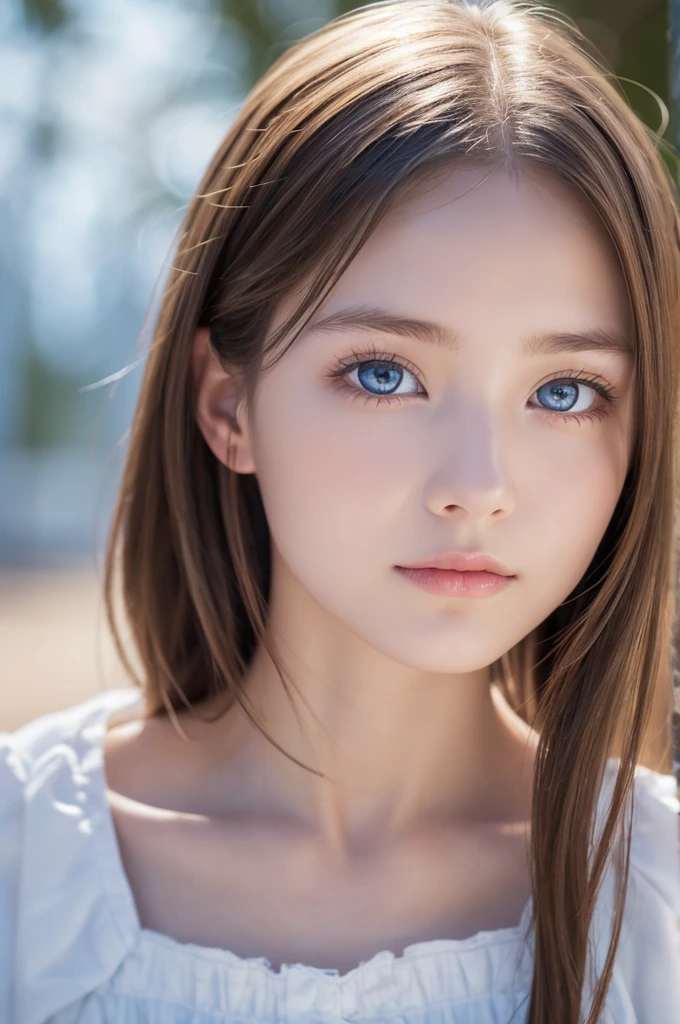 bright look、photorealism、highest quality、Super high resolution、The most beautiful Nordic girls photos、cute and beautiful face details、small face、、big breasts、Slender、17 years old、Crystal clear white skin、big light blue eyes、short bob、cowboy shot