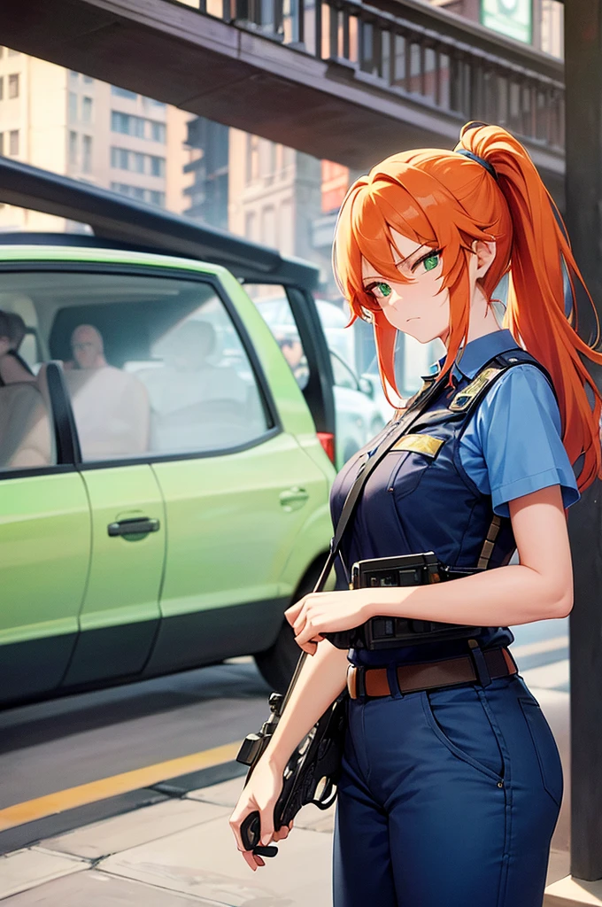 masterpiece, 1 mature woman, long orange hair, hair in ponytail, Looking down at camera, green eyes, frowning, blue police uniform, outside background, traffic stop, blue cop outfit, pants, gun on side, ink drawing