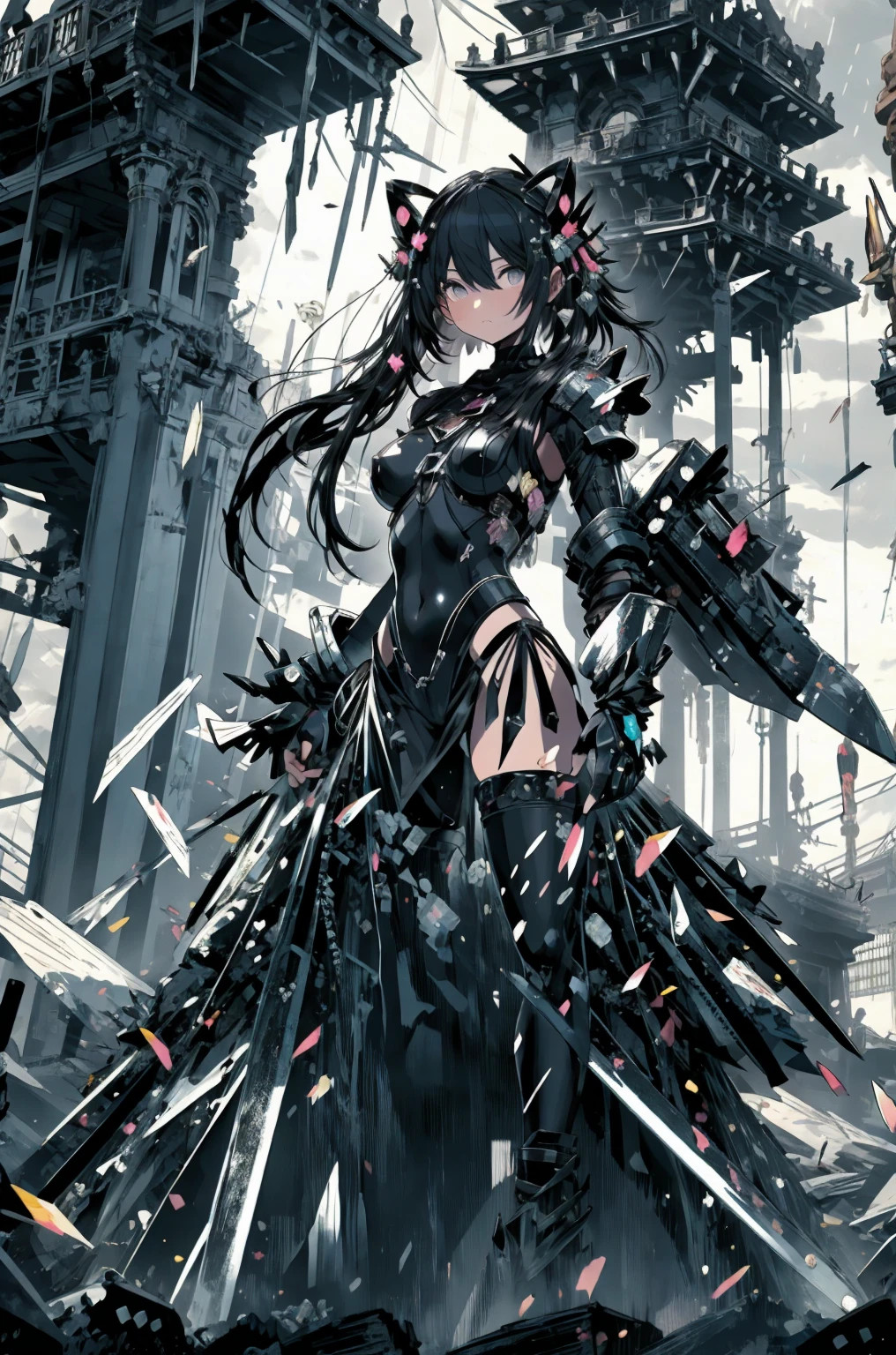 masterpiece, 最high quality, high quality, Abysmal, Award-winning photo, Depth of written boundary, Hmph, Very detailed, trending at artstationh, CG Sighbour Trends, Complex, Attention to detail,This illustration is、It depicts a fantasy world with a solemn and gloomy atmosphere.。Woman in black armor、Stand with a very large sword in each hand。Her armor absorbs light.、Sparkling cold.、Her presence makes you feel powerful and majestic。Her expression was stern.、I decided.、Her eyes show determination and resolve.。
pink々Glass shattered all over the place.、This symbolizes past battles and trials.。Shards of glass reflect light、Creating Unstable Beauty。Every time the wind blows、pink々The creaking sound of glass、It reminds me of her past struggles and strengths.。
This illustration is、Through the story of a female warrior with a strong will and who overcame past hardships、Sending a message of courage and hope.。