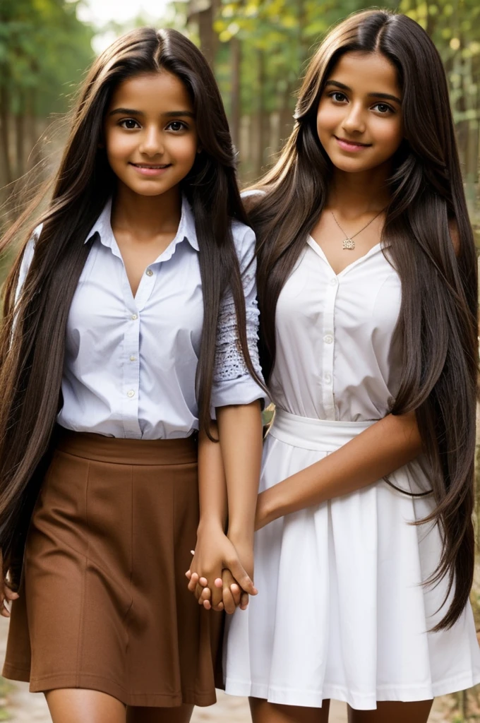 Woman long straight hair dark brown color, tez morena, with skirt. Holding hands with a 13 year old age girl with long wavy hair, Brown color, tez morena. And all hand in hand with a white-skinned , dark brown curly hair 10 years