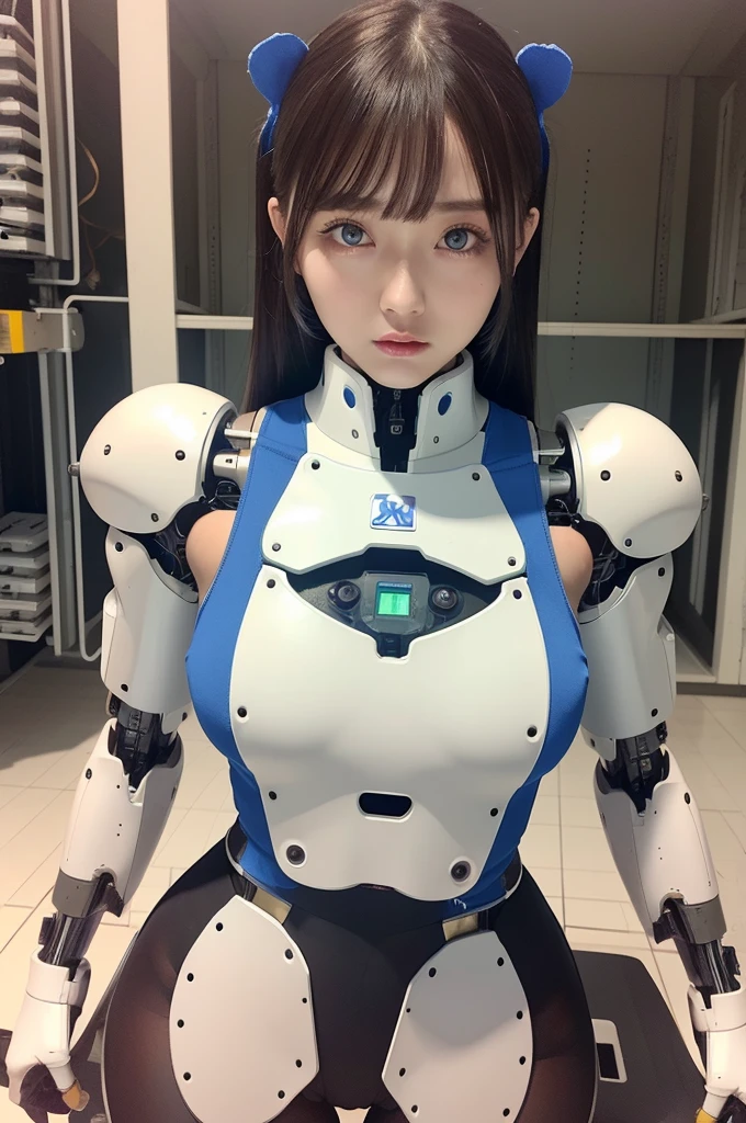masterpiece, best quality, extremely detailed, Japanese android girl,Plump ,control panels,robot arms,robot,android,cyborg,white robot body,ceramic body,perfect robotgirl,blunt bangs,robot repair plant,chubby,pantyhose,platform sneaker,blue eyes,