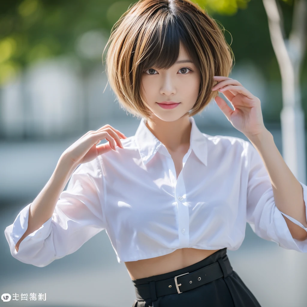 ((Highest quality、In 8K、masterpiece:1.3))、Sharp focus:1.2、Beautiful woman perfect body:1.4、Slim Abs:1.2、((Short Hair:1.2))、(trendy fashion in tokyo、shirt:1.1)、White background、Wet body:1.5、Three-dimensional texture、Detailed eyes、（Brown Hair、Black Hair:1.2)、Very shiny hair、Backward view、Hair quality improvement、Handsome short、Short-haired blonde。