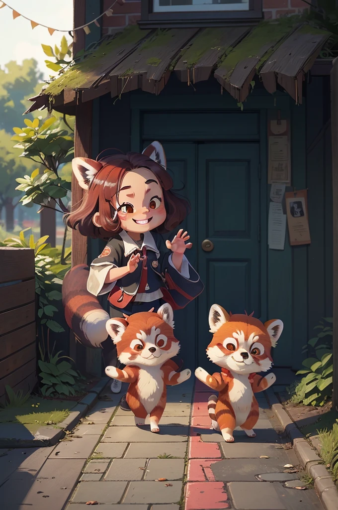 theRe aRe two Red Pandas walking down the sidewalk togetheR, a photo by Shiba Kōkan, Reddit, creation, Red Panda, wave hands at the cameRa, They are fighting very angry, Adorable!!!, Adorable appeaRance!!!, Incredibly cute, painfully Adorable, wave hands and smiling, R/ah, Tian Zhi, wave hands, Playing with foxes