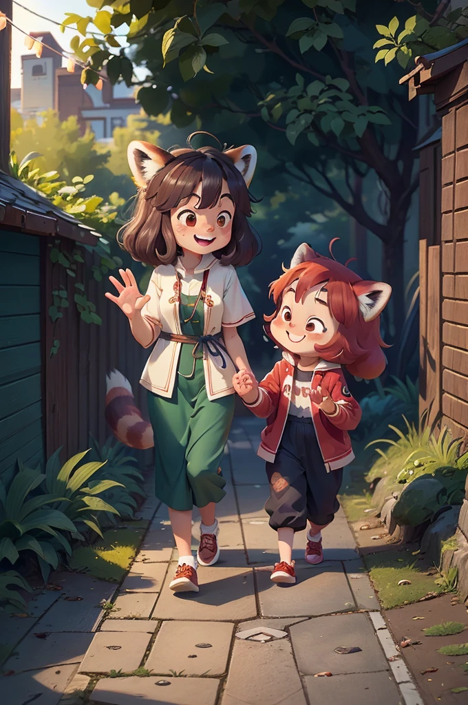 theRe aRe two Red Pandas walking down the sidewalk togetheR, a photo by Shiba Kōkan, Reddit, creation, Red Panda, wave hands at the cameRa, They are fighting very angry, Adorable!!!, Adorable appeaRance!!!, Incredibly cute, painfully Adorable, wave hands and smiling, R/ah, Tian Zhi, wave hands, Playing with foxes