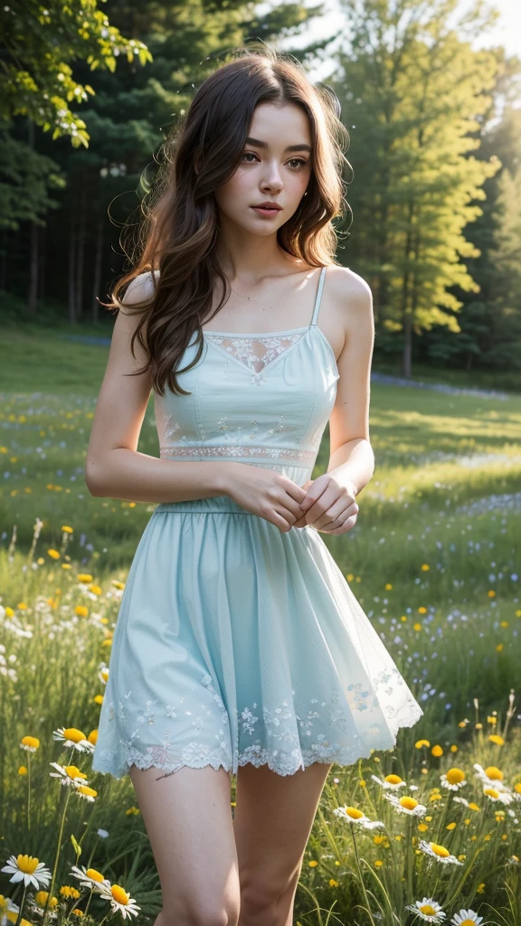young woman:
young, beautiful, with pleasant facial features.
Dressed in a short skirt, which highlights her legs.
Her clothes and appearance can be elegant, sporty or casual - depending on your idea.
Her gaze may be directed somewhere into the distance, or she can look directly at the viewer, creating a sense of mystery.
A meadow:
Bright, Sunny glade, covered with many flowers.
Colors can be bright and contrasting, For example, blue, yellow, red.
You can add a variety of colors, For example, Wild Flowers, daisies, troubles.
atmosphere:
The combination of a bright and sunny meadow atmosphere with mystery.
The sky may be clear and blue, but with nebula, creating a sense of depth and mystery.
Lighting can be warm and soft, creating the effect of a sunny day.
Additional details:
young woman может быть окружена бабочками, birds, or other elements, which will emphasize the beauty and charm of the meadow.
You can add fantasy elements:
Flying flowers Sparkling dew drops Mythical creatures
