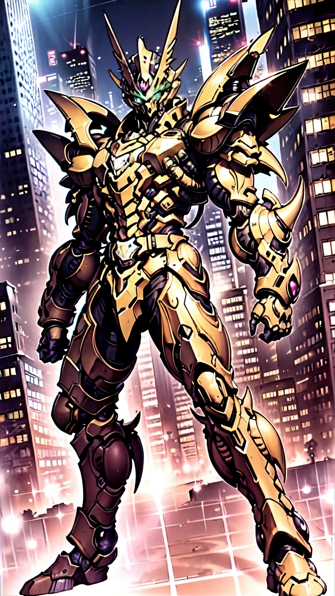 (masterpiece:1.5, best quality:1.5, extremely delicate:1.5, foreshortening:1.5, dynamic angle:1.5), a man wearing a full-face helmet, a fantasy-style biotech armored combat suit, green eyes, (a composite layered chest armor), fully enclosed shoulder guards, matching arm and leg guards, the belt is adorned with neon circuitry, (the color scheme is primarily black glow with green and red accents), the design balances heavy with agility, a high-tech bio-mecha armor, (Armor Concept Inspired by neon Cyberpunk, stand on the top of a skyscraper in a futuristic sci-fi city), this character embodies a finely crafted fantasy-surreal style armored hero in anime style, exquisite and mature manga art style, (element, plasma, energy, the armor glows), ((male:1.5)), metallic, high definition, highres, ultra-detailed, ultra-fine painting, professional, perfect body proportions, golden ratio, anatomically correct, symmetrical face, extremely detailed eyes and face, high quality eyes, creativity, RAW photo, UHD, 32k, Natural light, cinematic lighting, masterpiece-anatomy-perfect