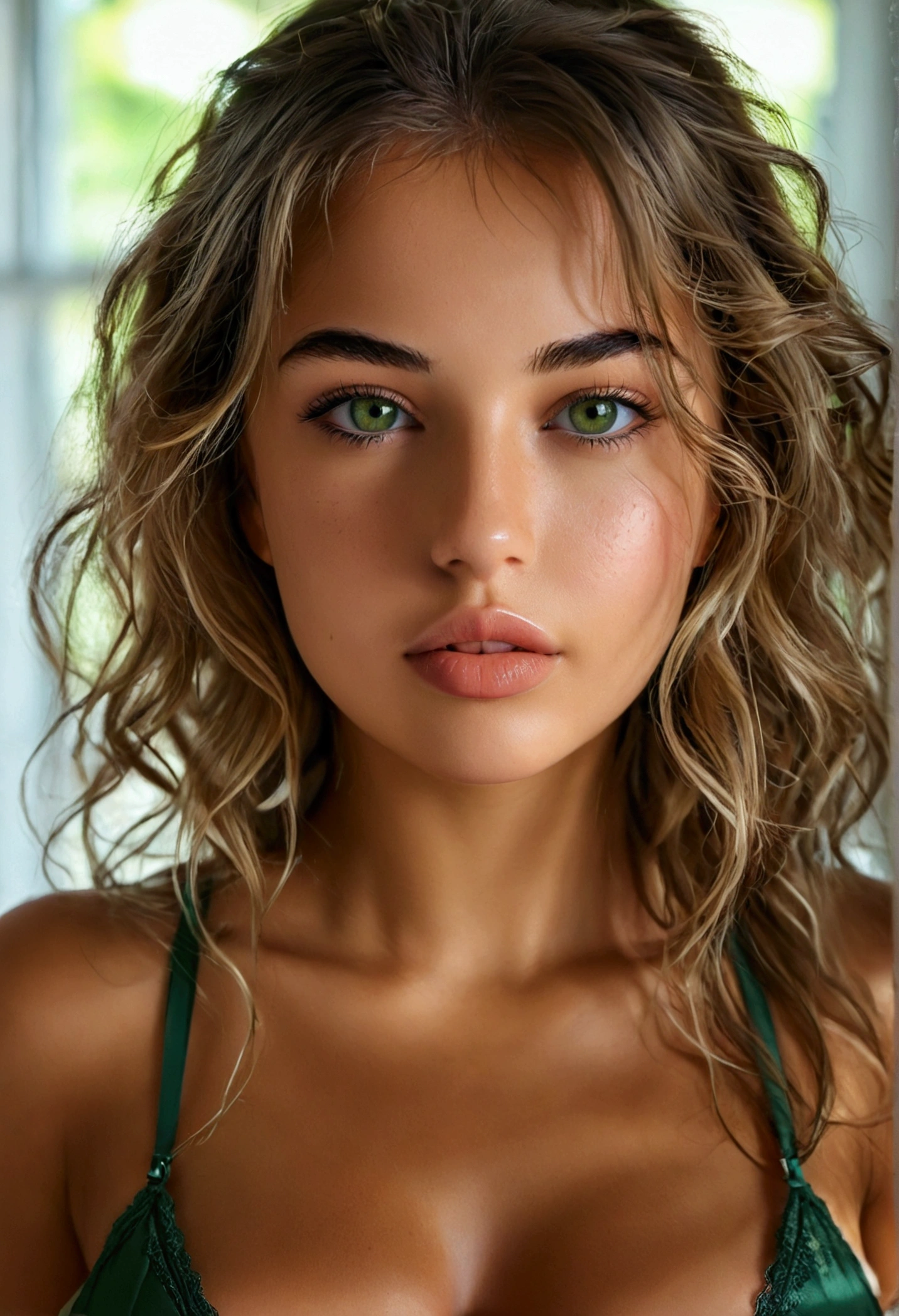 20 years old spanish girl, blond hair, highly detailed and realistic face, beautiful clear green eyes, medium/big natural , long hair, seductive look and smirk, gym girl, peau bronzée, Portrait Sophie Mudd, cheveux bruns et grands, jeune femme, yeux de la chambre, Violette Myers, sans maquillage, Maquillage naturel, regardant directement la caméra, Cara con artgram, maquillage subtil, yeux verts perçants, bel angle, pose attrayante, Mignon , pose sexy, déesse brune, détail élevés, Pose satisfaite, realistic instagram picture, 8k, really realistic beautiful hispanic face, really realistic lips and nose, big tits very realistic, girl alone, authentic and natural, green lingerie, de dos, with big ass, realistic, 8k, 4k, not cute face