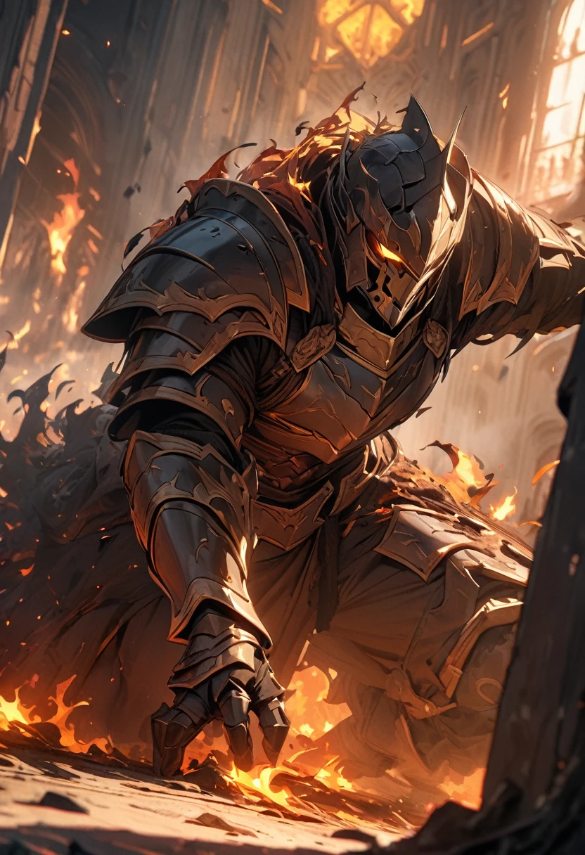masterpiece, 8k, best quality, highly detailed, a warrior wearing armor that is burnt and bent from yellow maddening flames surrounding him