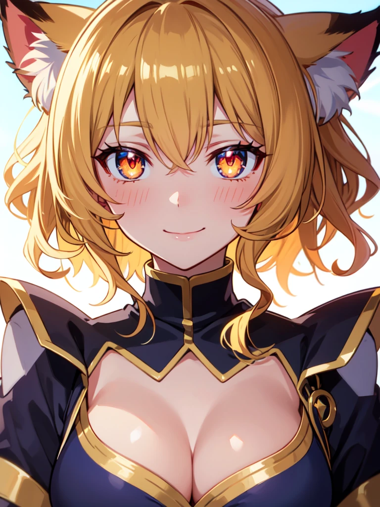 hair over shoulder, wavy hair, hair strand, shiny hair, blonde hair, eye reflection, glowing eyes, slit pupils, amber eyes, cat ears, smile, blush, glint, happy, anime, anime style, En plein air, high detail, cinematic lighting, ray tracing, reflection light, masterpiece, accurate, anatomically correct, super detail, high details, high quality, best quality, highres, 4K