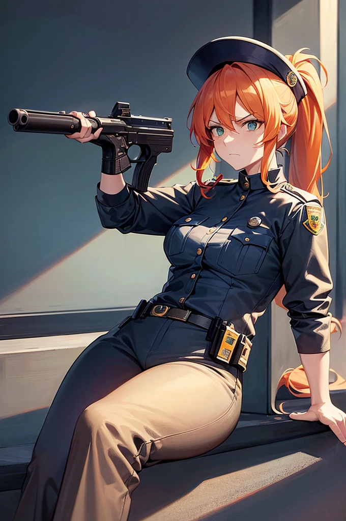 masterpiece, 1 mature woman, long orange hair, hair in ponytail, Looking down at camera, green eyes, frowning, blue police uniform, outside background, traffic stop, blue cop outfit, pants, gun on side, ink drawing