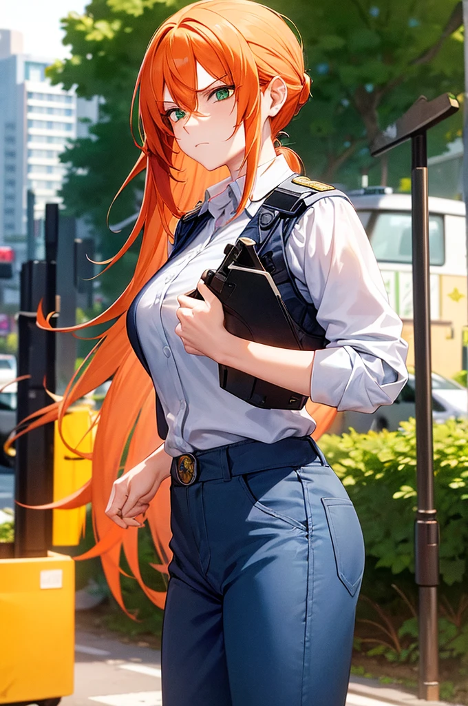 masterpiece, 1 mature woman, long orange hair, hair in ponytail, Looking down at camera, green eyes, frowning, blue police uniform, outside background, traffic stop, blue cop outfit, pants, gun on side, ink drawing