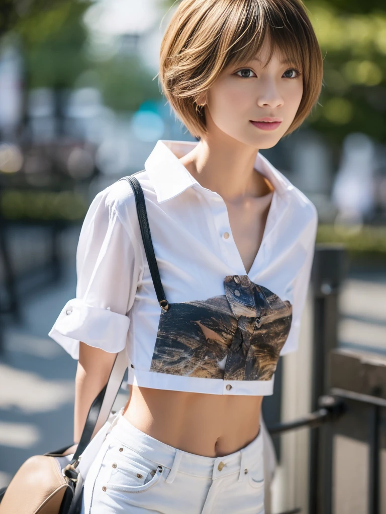 ((Highest quality、In 8K、masterpiece:1.3))、Sharp focus:1.2、Beautiful woman perfect body:1.4、Slim Abs:1.2、((Short Hair:1.2))、(trendy fashion in tokyo、shirt:1.1)、White background、Wet body:1.5、Three-dimensional texture、Detailed eyes、(Brown Hair、Black Hair:1.2)、Very shiny hair、Backward view、Hair quality improvement、Handsome short、Short-haired blonde。