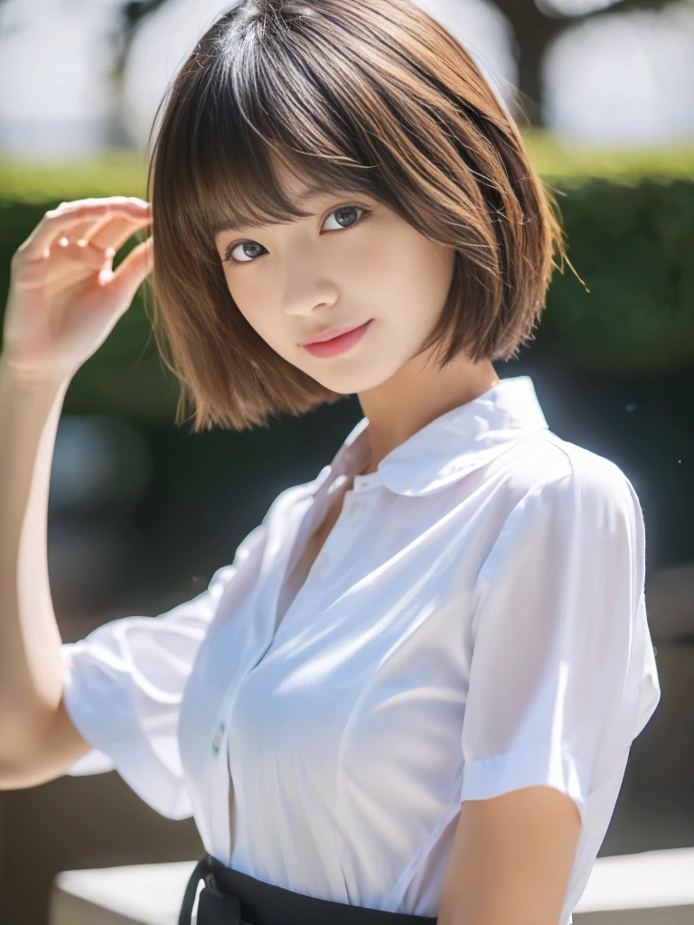 ((Highest quality、In 8K、masterpiece:1.3))、Sharp focus:1.2、Beautiful woman perfect body:1.4、Slim Abs:1.2、((Short Hair:1.2))、(trendy fashion in tokyo、shirt:1.1)、White background、Wet body:1.5、Three-dimensional texture、Detailed eyes、(Brown Hair、Black Hair:1.2)、Very shiny hair、Backward view、Hair quality improvement、Handsome short、Short-haired blonde。