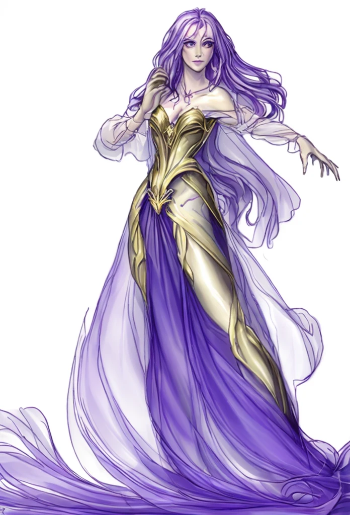 "Colorie ce dessin d'une sirène avec un style réaliste avec robe transparente longue et sexy. Utilise des nuances de violet pour ses cheveux , en ajoutant des reflets et des ombres pour donner de la profondeur et de la texture. Pour sa peau, utilise des tons naturels, avec des dégradés subtils pour les ombres et les lumières. Les écailles sur son dos doivent être dorées ou cuivrées, avec des reflets métalliques pour les faire ressortir. Ajoute des détails réalistes aux éléments aquatiques, comme des gouttes d'eau sur sa peau et des effets de lumière pour simuler un environnement sous-marin."