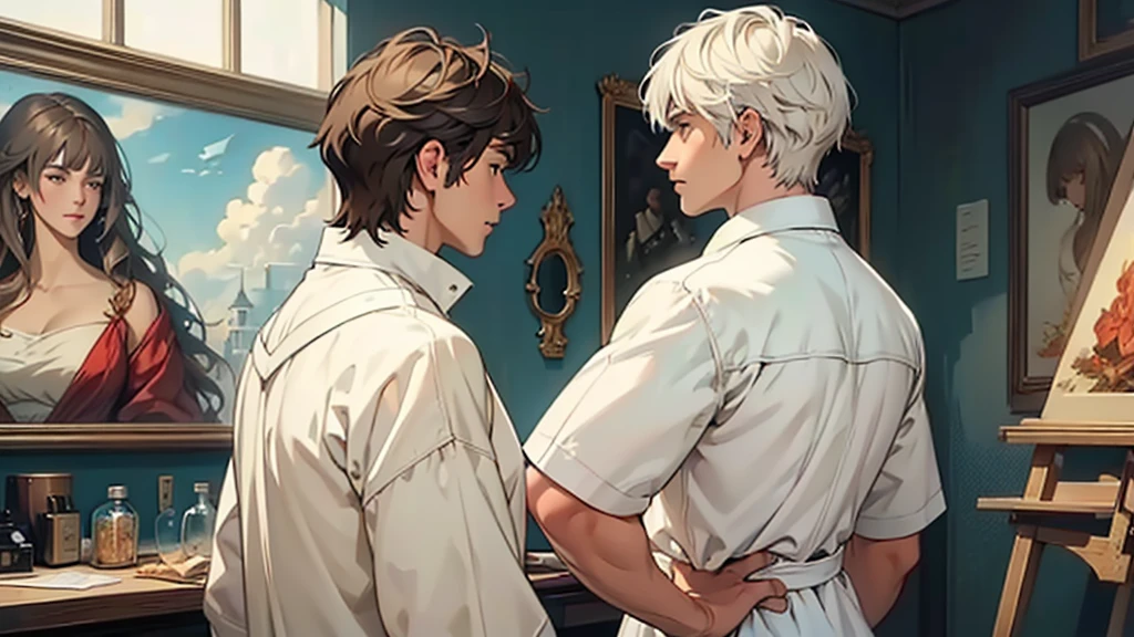 ((best quality)), ((work of art)), ((detailed)), young man with short white hair, casual clothing, in profile, staring at woman with long brown hair, bangs, wearing a white dress with a neckline, also in profile, staring back