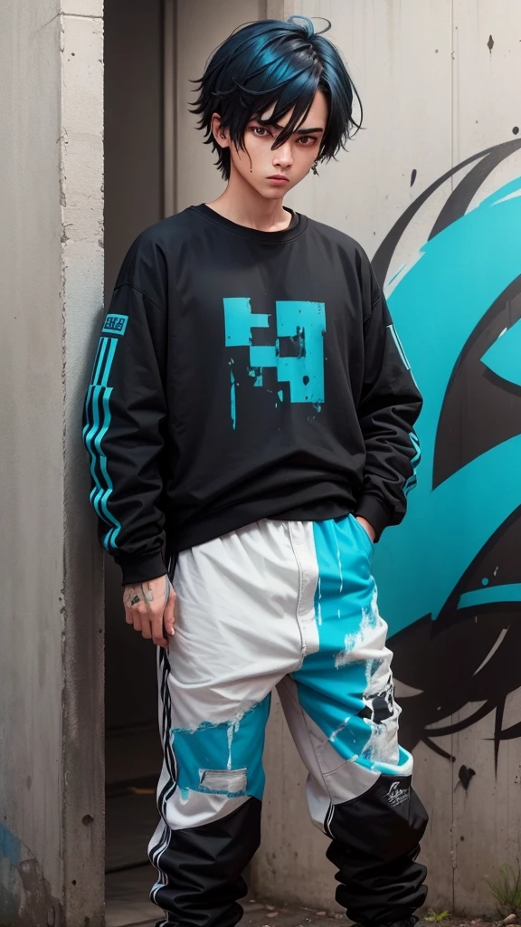 create 5 NFTs related to mechanics with the colors black and blue with normal clothes as a cause and a long sleeve shirt dirty with graffiti, each with a variety of colors, style and functions