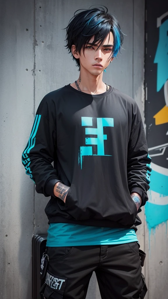 create 5 NFTs related to mechanics with the colors black and blue with normal clothes as a cause and a long sleeve shirt dirty with graffiti, each with a variety of colors, style and functions