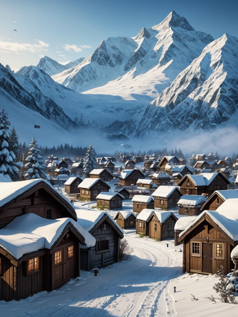 Wikinger Dorf, Fantasy Landscape, Lots of houses, snow, Wooden huts, RPG art style, Fantasy Art