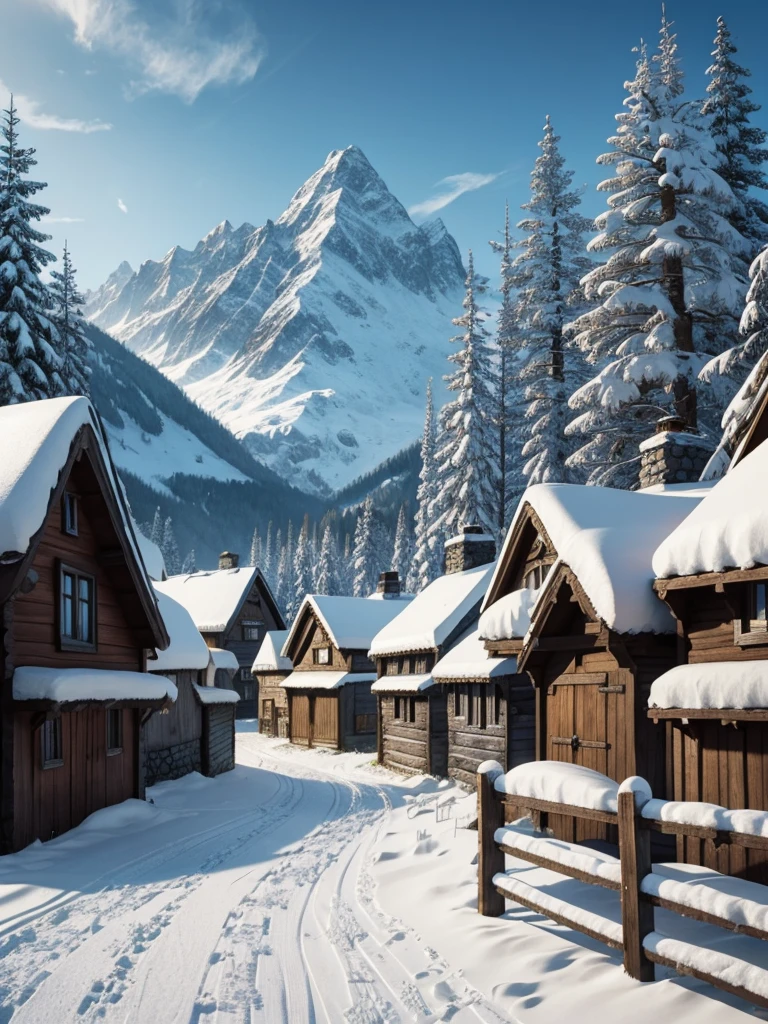 Wikinger Dorf, Fantasy Landscape, Lots of houses, snow, Wooden huts, RPG art style, Fantasy Art