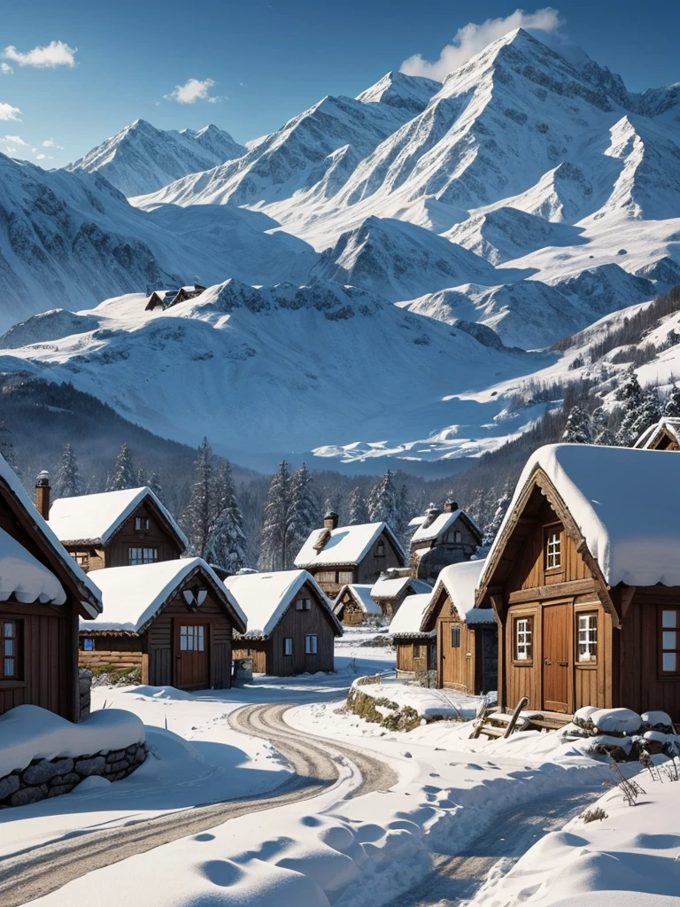 Wikinger Dorf, Fantasy Landscape, Lots of houses, snow, Wooden huts, RPG art style, Fantasy Art